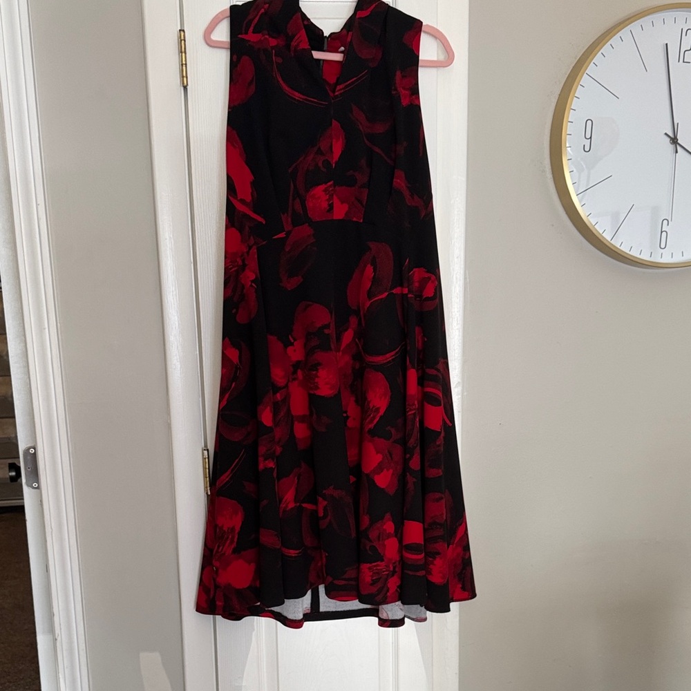 Calvin Klein Red and Black Floral Midi Dress